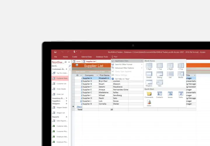 Lista dostawców w programie ms access, zawierająca dane firm, imiona i nazwiska kontaktów.