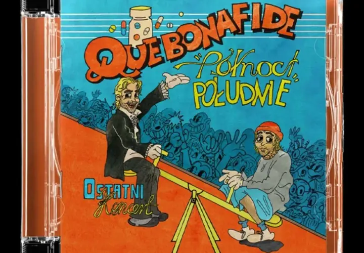 Okładka albumu Quebonafide "Romantyczna" z motywem huśtawki i zabawnymi postaciami.