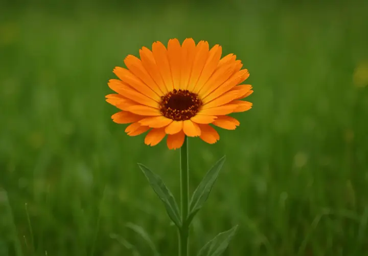 Un fiore arancione brillante, una calendula selvatica come riconoscerla, spicca su uno sfondo verde sfocato.