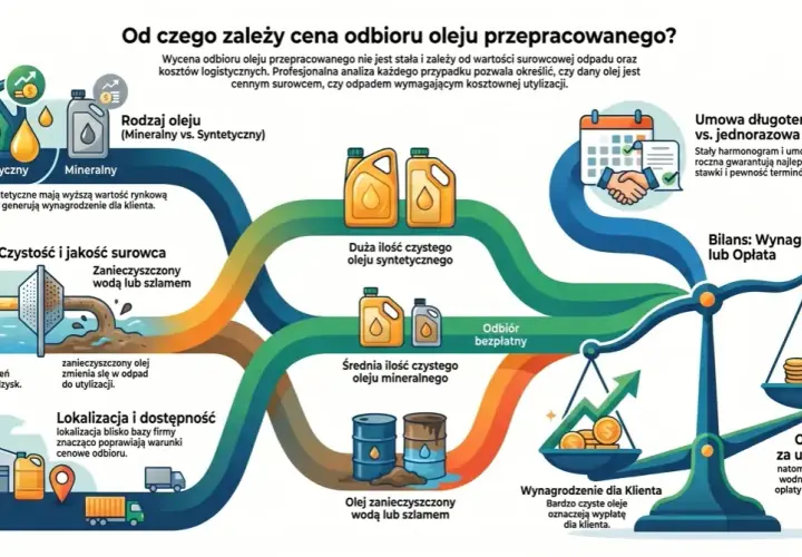 Ilustracja przedstawia diagram czynników wpływających na cenę odbioru oleju przepracowanego, m.in. rodzaj oleju, czystość, ilość, lokalizację i umowę.