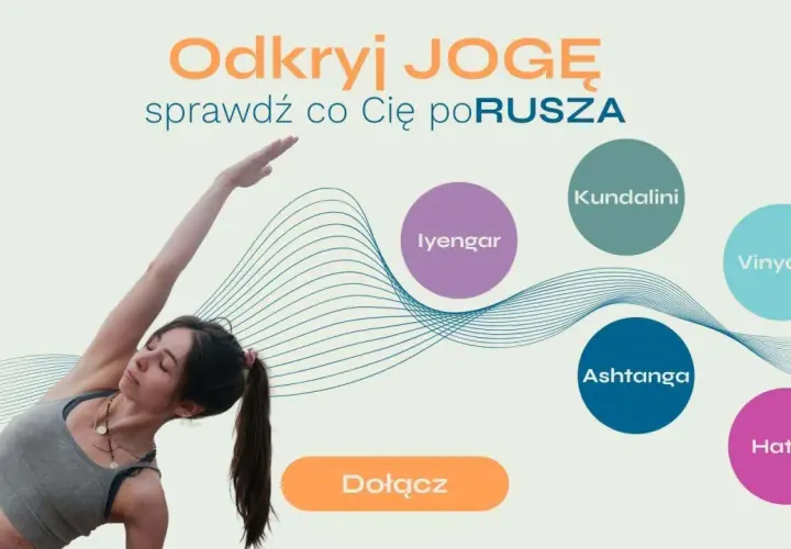 Kobieta w pozycji jogi, obok nazwy stylów: Iyengar, Kundalini, Vinyasa, Ashtanga, Hatha. Odkryj jogę i jej znaczenie dla Ciebie.