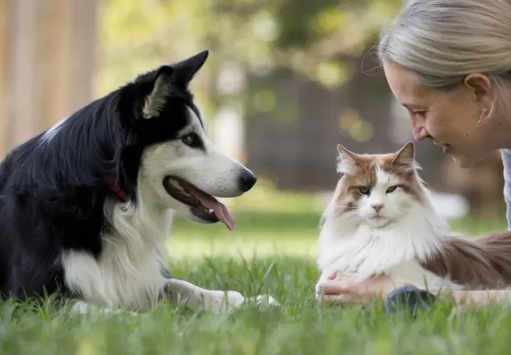 Una mujer observa a un perro y un gato. Ella parece una etóloga estudiando el comportamiento animal.