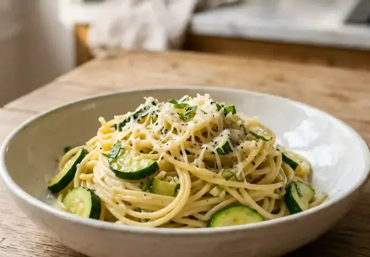 Un plat de spaghetti de courgette, garni de fromage râpé et d'herbes fraîches, servi dans un bol sur une table en bois.