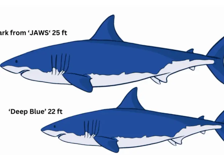 Comparación del tiburón blanco tamaño: el de JAWS (25 pies) es más grande que Deep Blue (22 pies).