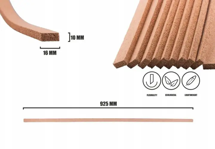 Elastyczny korek dylatacyjny o wymiarach 10x16 mm, idealny do izolacji i wypełniania szczelin. Długość 925 mm.