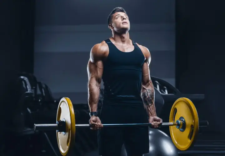 Mięśniowy mężczyzna wykonuje ćwiczenie na biceps z ciężarem. Jego **split trening** przynosi efekty.
