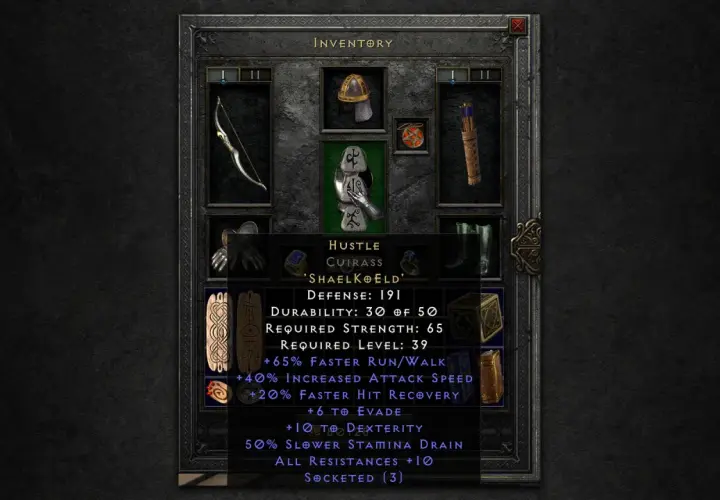 Diablo 2: łączenie run w zbroi "Hustle" (Shael, Ko, Eld) daje +65% szybszego biegu/chodu i +40% szybszej prędkości ataku.