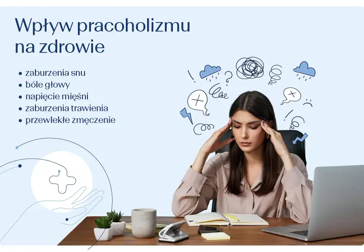 Kobieta z bólem głowy, objaw pracoholizmu: zaburzenia snu, trawienia, zmęczenie.