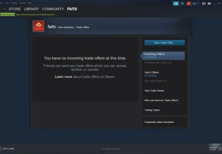 Ekran Steam pokazuje brak ofert wymiany. Dowiedz się, jak ustawić trade url na Steam, aby móc je otrzymywać.
