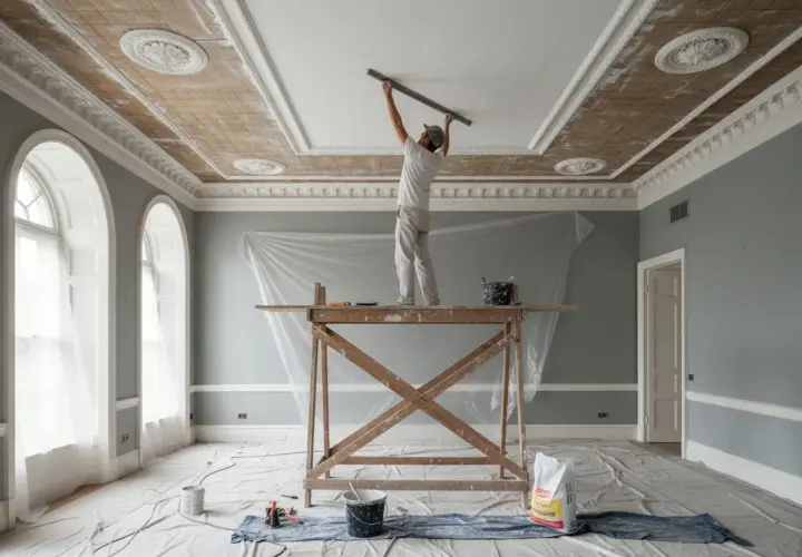 Lavori di intonaco interno: un operaio su un ponteggio applica l'intonaco al soffitto decorato di una stanza in ristrutturazione.