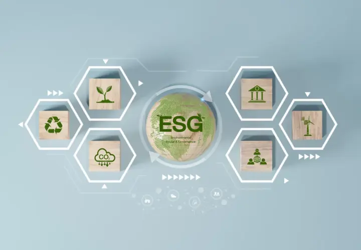 Grafika wyjaśniająca, esg co to jest: zielona ziemia z napisem ESG, otoczona ikonami symbolizującymi środowisko, społeczeństwo i ład korporacyjny.