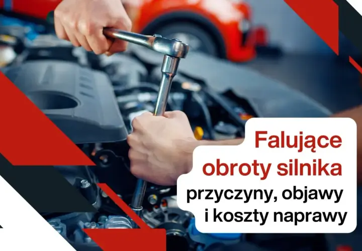 Mechanik naprawia silnik. Tekst: "Falujące obroty silnika: przyczyny, objawy i koszty naprawy". Unikaj biegu jałowego.