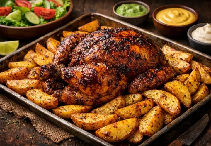 Un jugoso pollo a la brasa dorado y crujiente, acompañado de papas rústicas y ensalada fresca.