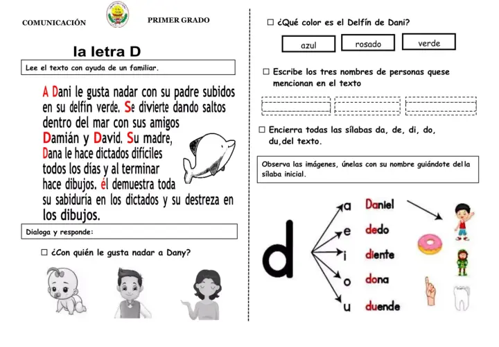 Dani disfruta nadar en su delfín verde. Descubre palabras que empiezan por d: Daniel, dedo, dona, duende.