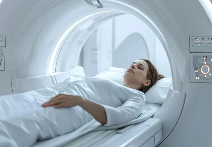 Kobieta leży w aparacie rezonansu magnetycznego, badanie wykaże, czy ma torbiel szyszynki.