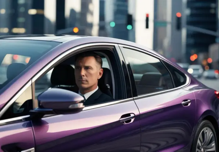 Uomo in abito guida un'auto viola scintillante in città. La sua espressione è concentrata, forse pensando alla sua guida libera assicurazione.