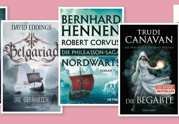Buchcover für mehr lesen sci-fi und fantasy: "Das gefälschte Siegel", "Die Gefährten", "Nordwärts", "Die Begabte" und "Die Tänzerin am Abgrund".