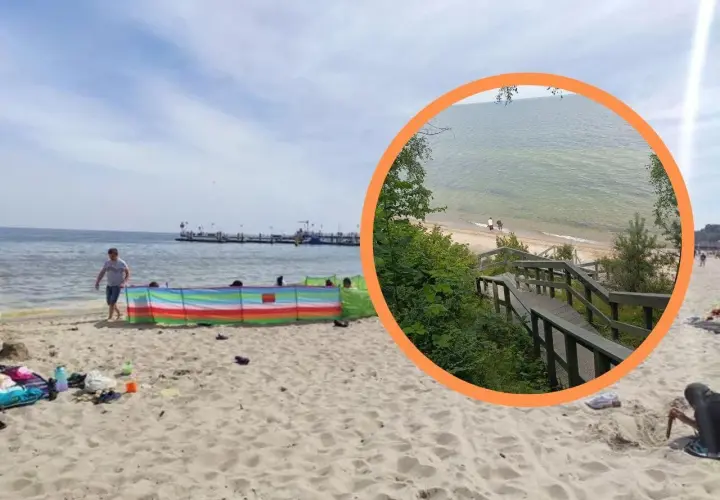 Piękny dzień na plaży w Mechelinkach. Słońce, morze i drewniane schody prowadzące do wody. Co za widok Mechelinki!