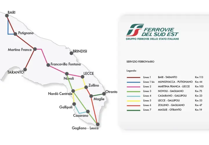Map showing train routes in Puglia, Italy. Discover how to get to Puglia by train, with lines connecting Bari, Taranto, Lecce, and other towns.