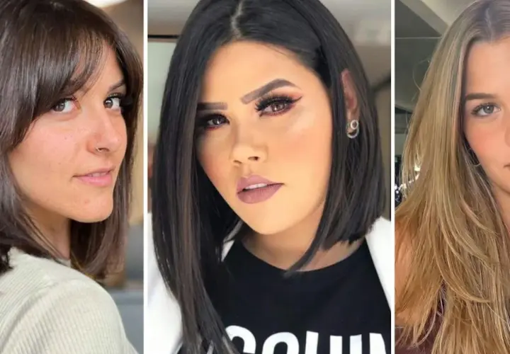 Tres mujeres con diferentes cortes de pelo, ideales como cortes de pelo para cara redonda: bob asimétrico, melena con capas y flequillo.