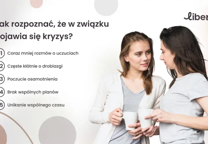 Dwie kobiety rozmawiają, gdy na ekranie pojawiają się oznaki kryzysów w związku: brak rozmów, kłótnie, samotność, brak planów i unikanie wspólnego czasu.
