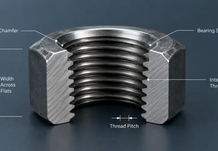 Corte de una tuerca hexagonal, mostrando sus diferentes tipos de tuercas y sus partes: chaflán, superficie de apoyo, rosca interna, ancho entre caras y paso de rosca.