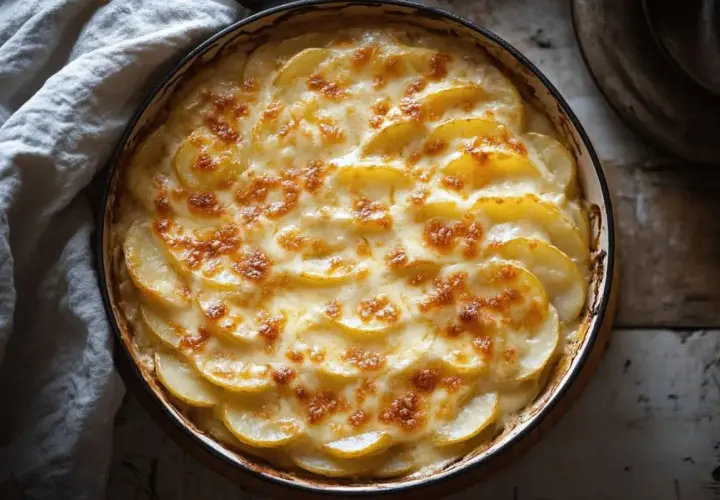 Un gratin dauphinois cuisson lente, aux pommes de terre fines et crémeuses, doré à souhait. Un délice réconfortant.