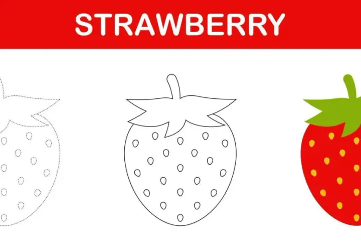 Fresa para colorear: una imagen con tres fresas, una punteada, otra delineada y una roja con semillas.