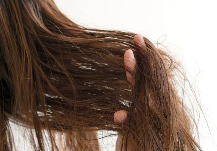 Braune Haare, die sich strohig und trocken anfühlen, werden von einer Hand durchkämmt.