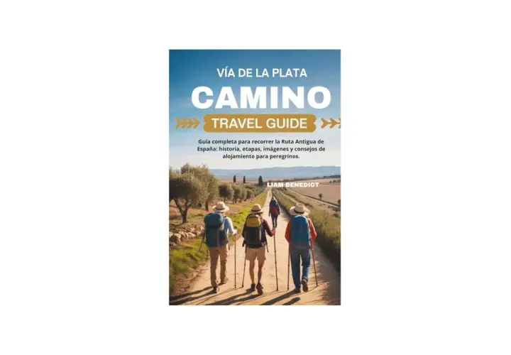 Peregrinos caminan por la ruta de la plata, un camino antiguo de España, guiados por un libro de Liam Benedict.