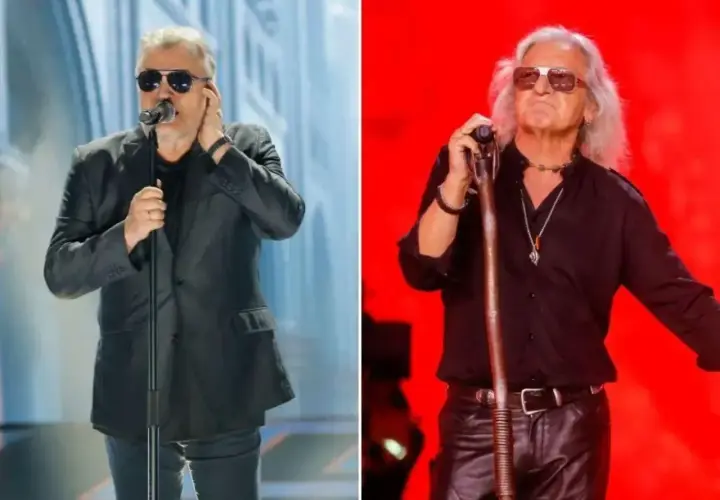 Dwóch rockmanów na scenie. Jeden śpiewa "Perfect nie płacz Ewka tekst", drugi z długimi włosami i w skórzanych spodniach.