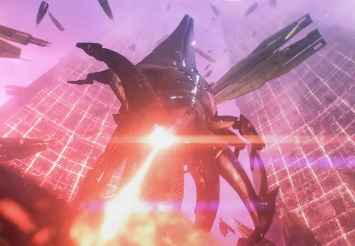 Ogromny statek wroga na tle sieci energetycznej, otoczony mniejszymi jednostkami. Scena przypomina jedno z **mass effect 3 zakończenia**.