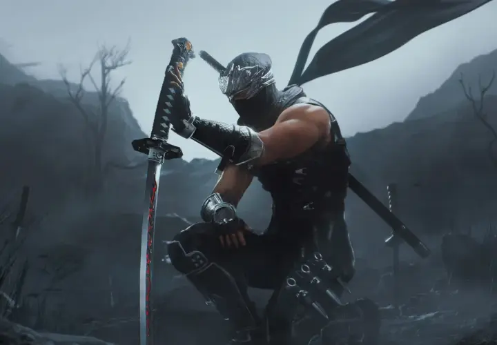 Ryu Hayabusa z Ninja Gaiden Black na Xbox, klęczący z mieczem w dłoni, w mrocznym, mglistym krajobrazie.