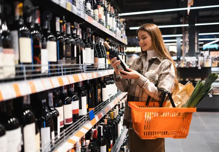 Kobieta wybiera wino w sklepie. To przykład tego, czym jest retail – sprzedaż detaliczna produktów.