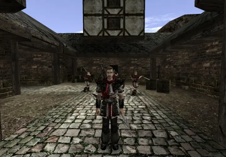 Bohater w zbroi w grze Gothic 2, gotowy do walki. Może przydać się do wpisania **gothic 2 kody** i ułatwienia sobie rozgrywki.