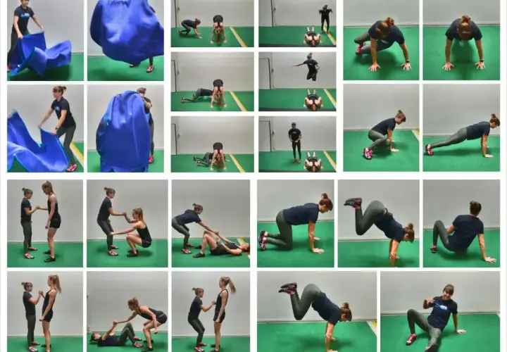 Kobiety wykonują ćwiczenia, które mogą być częścią treningu cardio. Widać tu m.in. ćwiczenia z kocem, pompki, przysiady i ćwiczenia na brzuch.