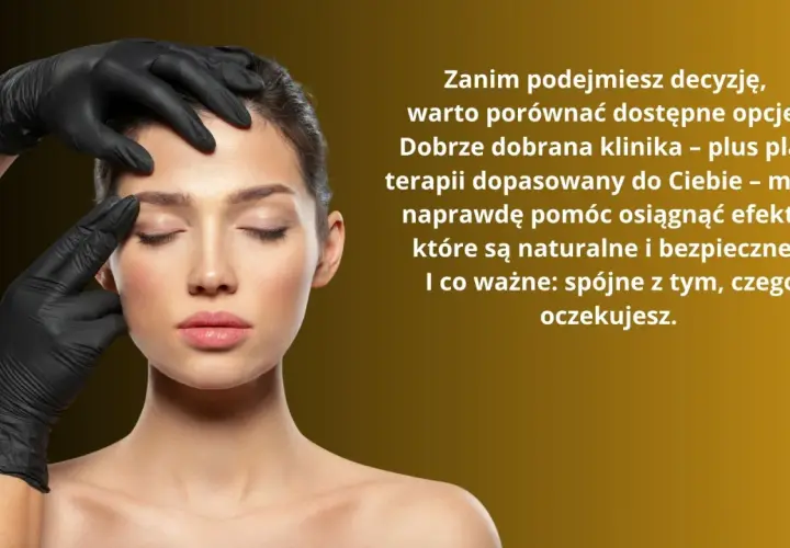 Dłoń w czarnej rękawiczce delikatnie dotyka twarzy kobiety, sugerując zabieg medycyny estetycznej.