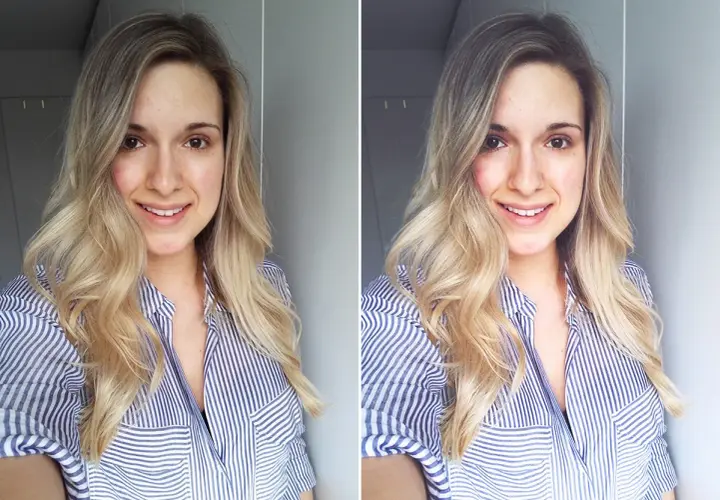 Uśmiechnięta blondynka w pasiastym zdjęciu profilowym.