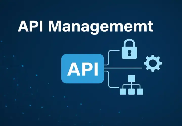 Gestion d'API : un bloc "API" connecté à un cadenas, une roue dentée et une structure hiérarchique, illustrant la sécurité et l'efficacité, comme avec l'api microsoft.
