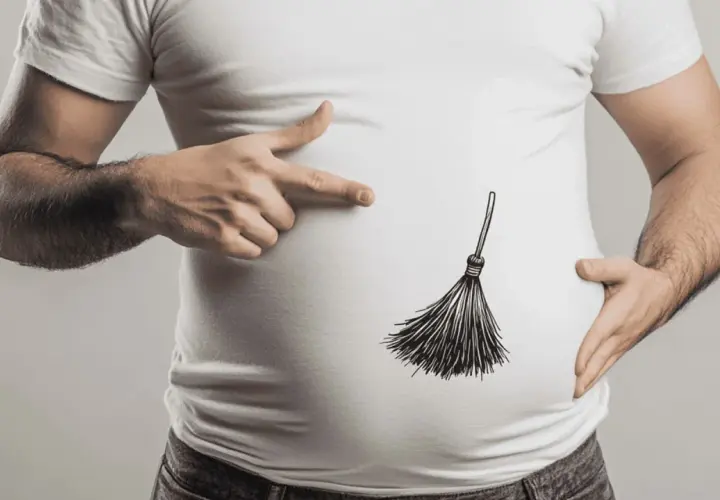 Uomo con pancia disegnata con una scopa, simbolo di pulizia e benessere, come un lavaggio intestinale metaforico.