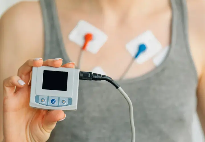 Holter co to? Urządzenie do monitorowania pracy serca z elektrodami na klatce piersiowej i małym rejestratorem w dłoni.
