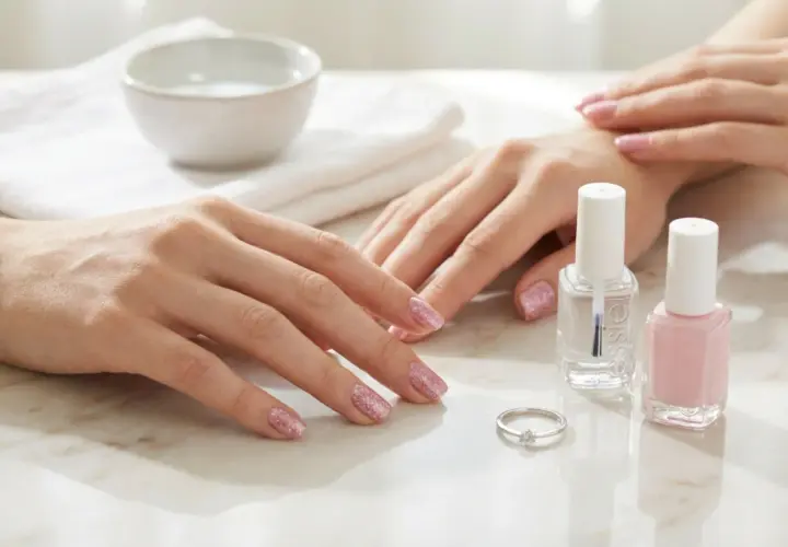 Två händer med glittriga rosa naglar, bredvid flaskor med snabbtorkande nagellack och en ring.