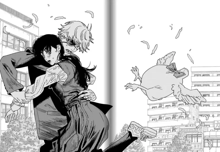 Chainsaw Man 2: Ein Mann umarmt eine Frau, während ein fliegendes Hühnchen mit Schleife im Hintergrund vorbeisaust. Federn schweben.