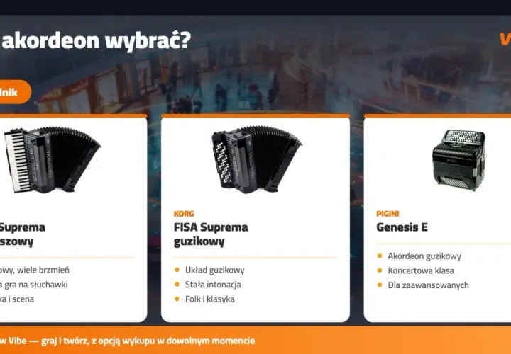 Trzy typy akordeonów: KORG Fisa Suprema klawiszowy, KORG Fisa Suprema guzikowy i Pigini Genesis E.