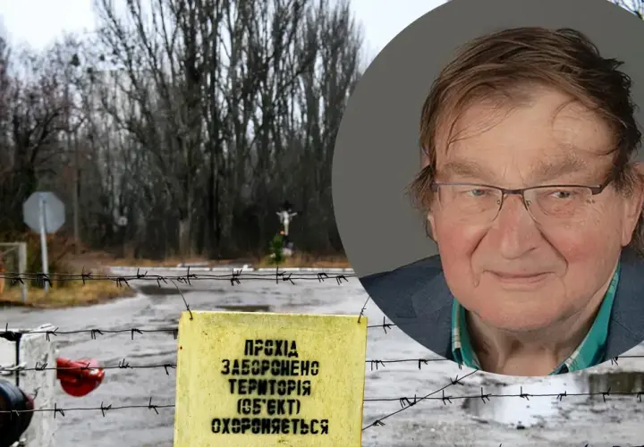 Znak "Przejście zabronione" na tle drutów kolczastych i portret mężczyzny.
