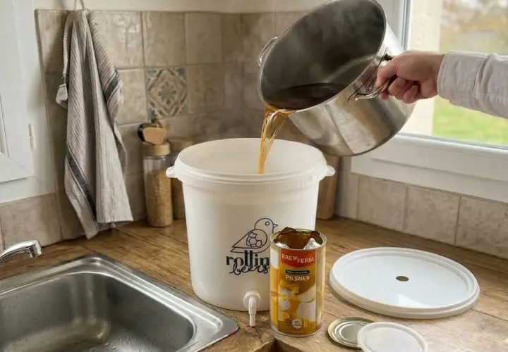 Préparation d'une bière de saison : on verse le moût d'une marmite dans un fermenteur. Une boîte de Pilsner est à côté.