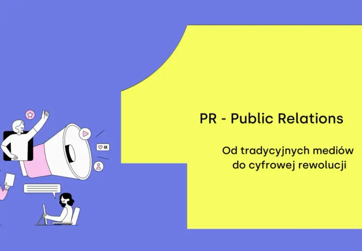 Grafika ilustruje, jak public relations polega na promocji. Postacie komunikują się za pomocą mediów społecznościowych i tradycyjnych narzędzi.