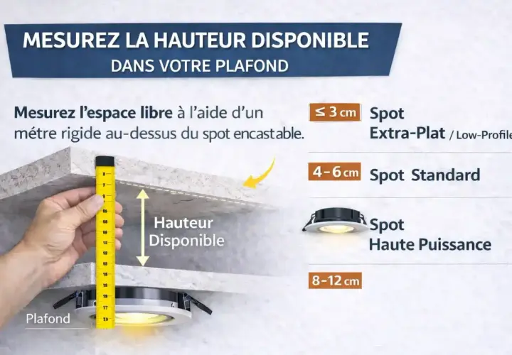 Mesure de la hauteur disponible pour choisir la taille spot encastrable. Un mètre mesure l'espace au-dessus d'un luminaire.