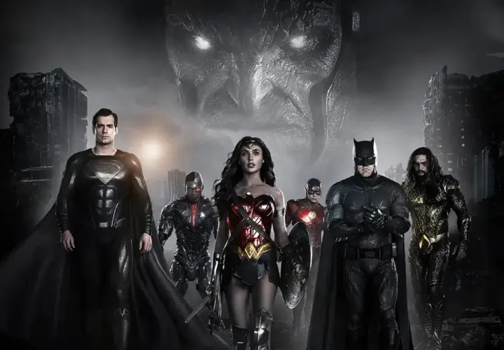 La Justice League, menée par Superman, se dresse face à Darkseid dans ce film dcu. Batman, Wonder Woman, Cyborg, Flash et Aquaman sont prêts au combat.