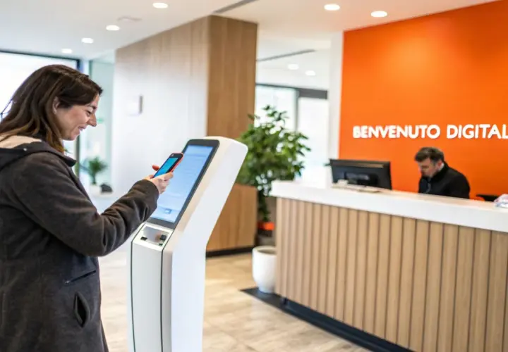 Donna usa smartphone per self check-in appartamenti in un'area accogliente con scritta "Benvenuto Digitale".